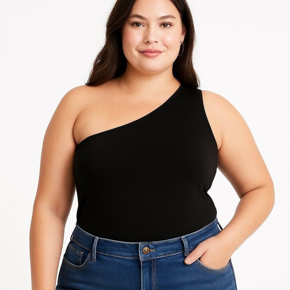 Lands' End Plus Size Asymmetrical One Shoulder Black Tank Top Slender Fit 2X